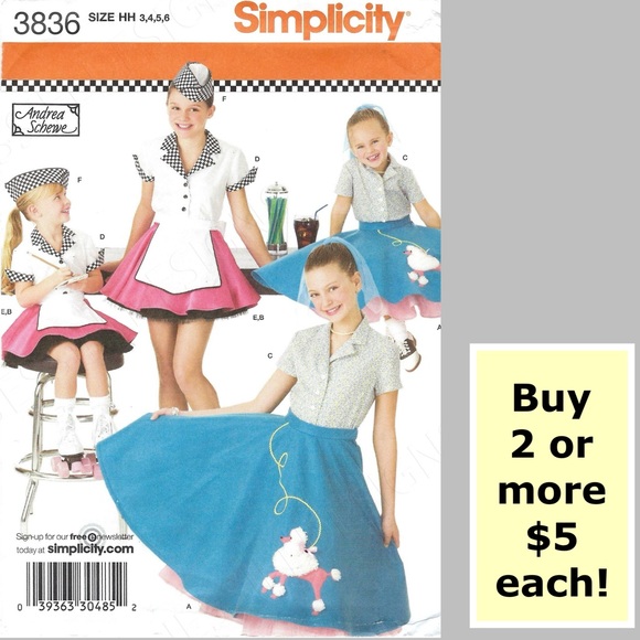Simplicity 3836 Child’s Poodle Skirt Costume Uncut Sewing Pattern (3,4,5,6) - Picture 1 of 11